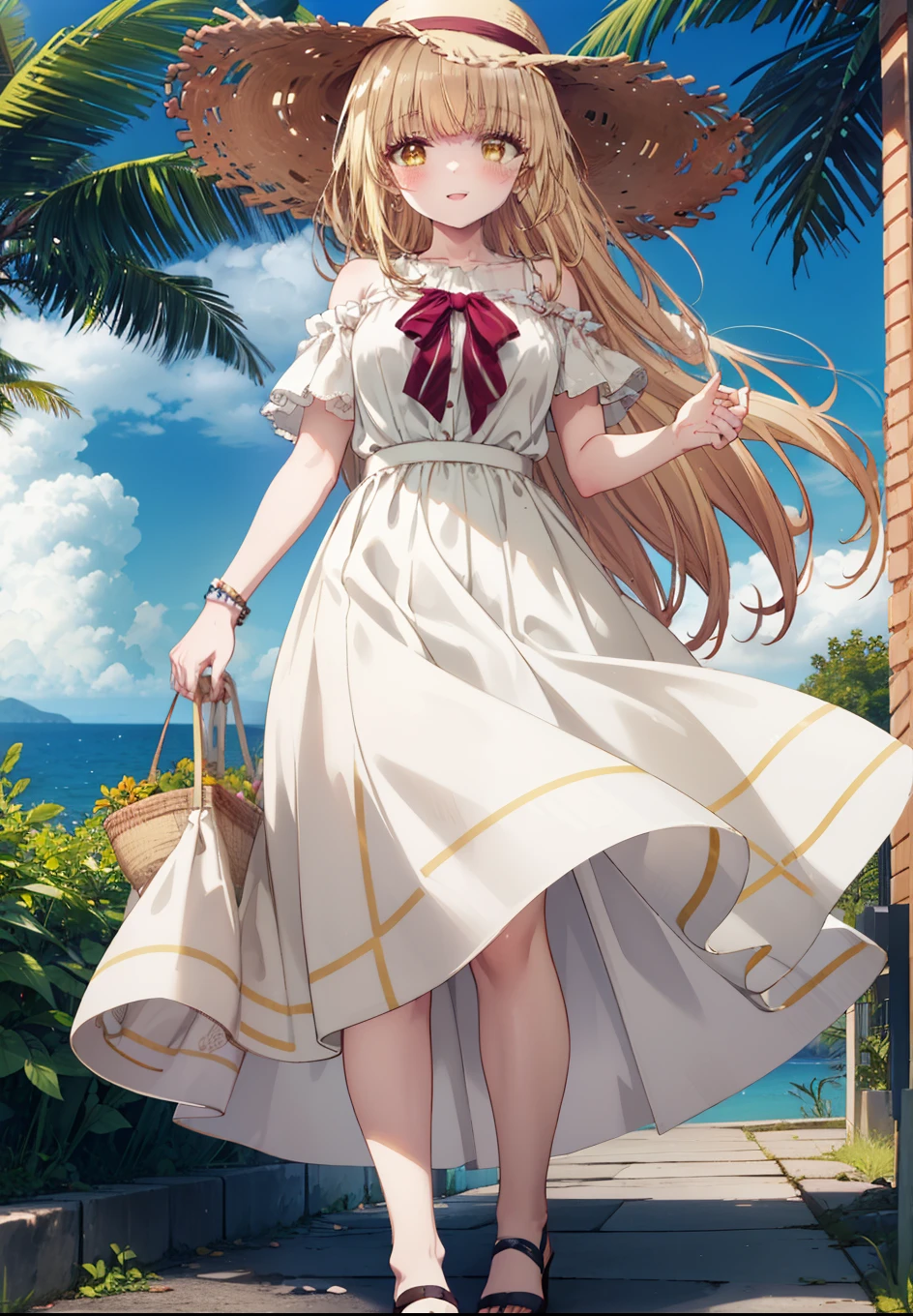 mahirushiina, mahiru shiina, Long Hair, bangs, Blonde, Brown Hair, (Yellow Eyes:1.3),happy smile, smile, Open your mouth,blush, Straw hat,smile,Cold Shoulder Shirt,Short sleeve,Long skirt,Cute heeled sandals,True Summer,Clear skies,Daytime,Palm tree,Hair is fluttering in the wind,whole bodyがイラストに入るように,
break outdoors, tropical,In town,Coastal Road,
break looking at viewer, whole body,
break (masterpiece:1.2), Highest quality, High resolution, unity 8k wallpaper, (figure:0.8), (Beautiful attention to detail:1.6), Highly detailed face, Perfect lighting, Highly detailed CG, (Perfect hands, Perfect Anatomy),