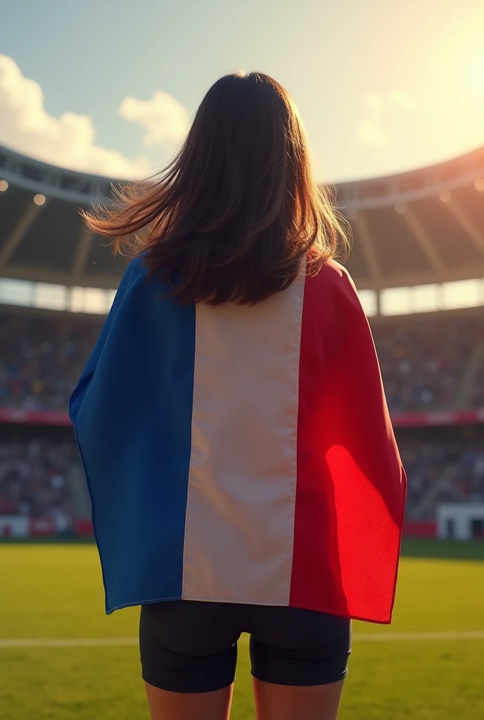 Une image realiste , d'une jeune femme brune cheveux mi long , positionnée de dos et portant un drapeau de lequipe de France pour les JO a Paris. 
Je veux une ambiance festive et une belle lumiere. 
Je veux que la jeune femme soit de dos portant son drapeaux sur les epaules , dans un stade de Jo