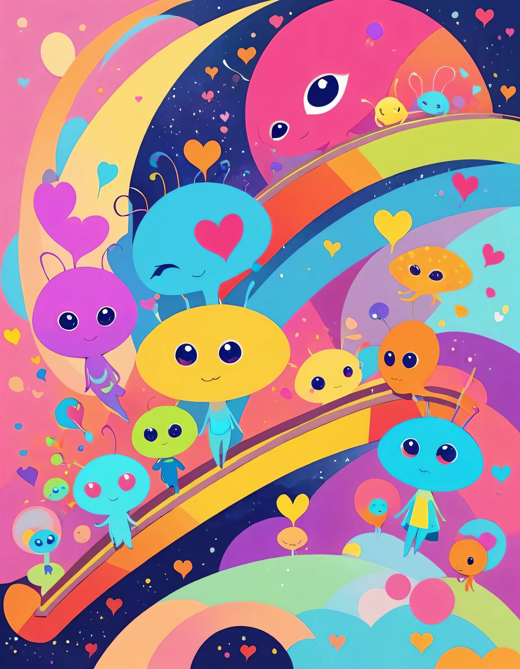 12stairs colorfull style, Simple Line Initialism,Abstract art, girls, colorful hearts, funny design, (((Cute Aliens))), The background is space