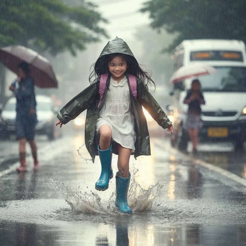 Image of a young girl wearing a gumboots and raincoat jumping in a puddle of water on her way to school. the scene is a roadway with a rickshaw passing by splashing water on the young girl and raining heavily.
There is smile on the girl's face.