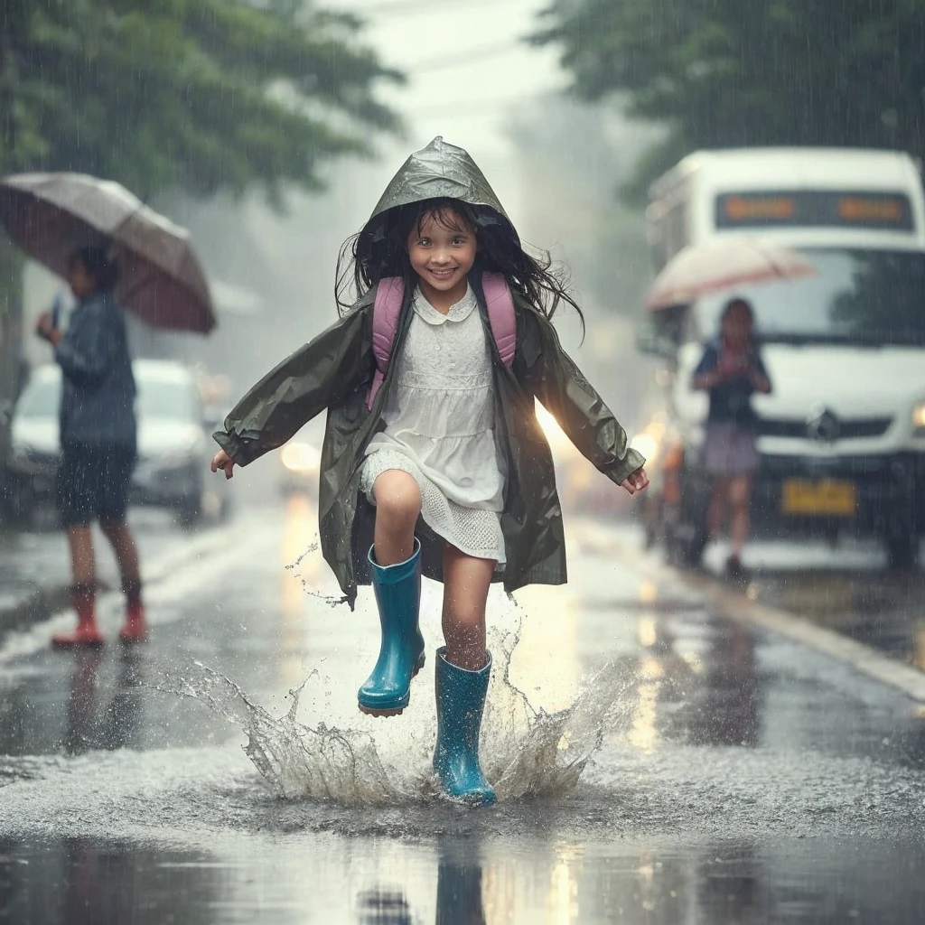 Image of a young girl wearing a gumboots and raincoat jumping in a puddle of water on her way to school. the scene is a roadway with a rickshaw passing by splashing water on the young girl and raining heavily.
There is smile on the girl's face.