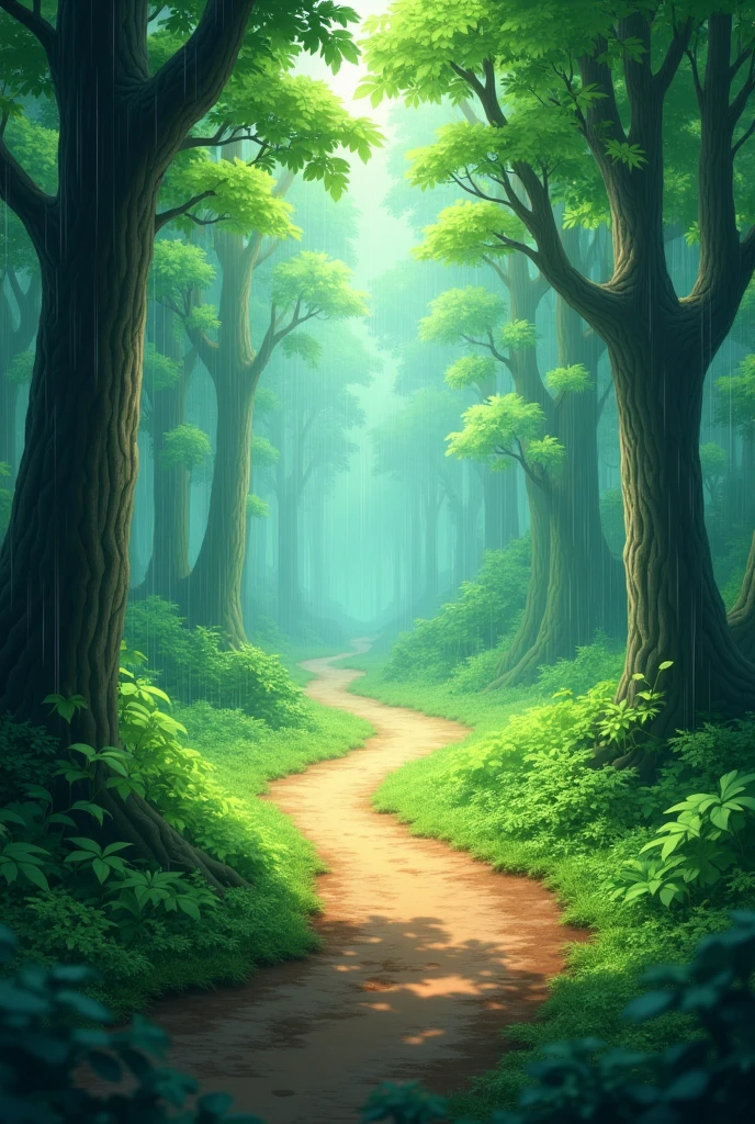 Create gif image of raining in forest , green , road in center 