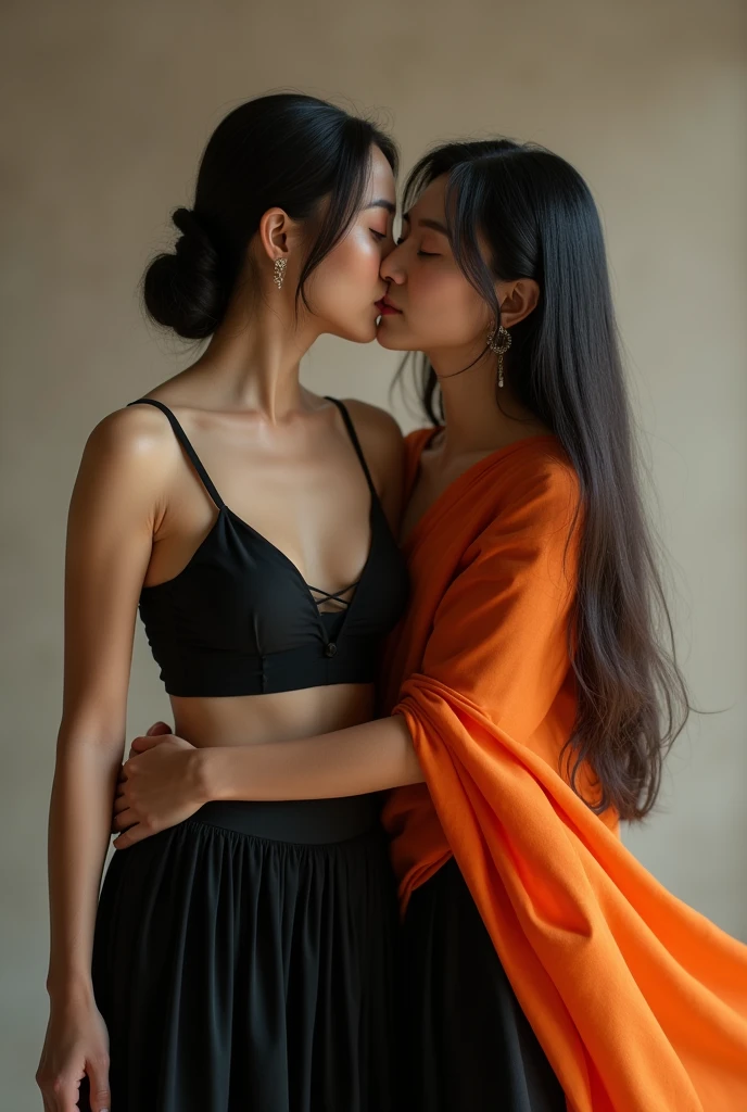 4k, Japanese model wearing, black bralet, black long saree skirt, orange dupatta , 32 years old boy , kiss her cheek viewing at audience