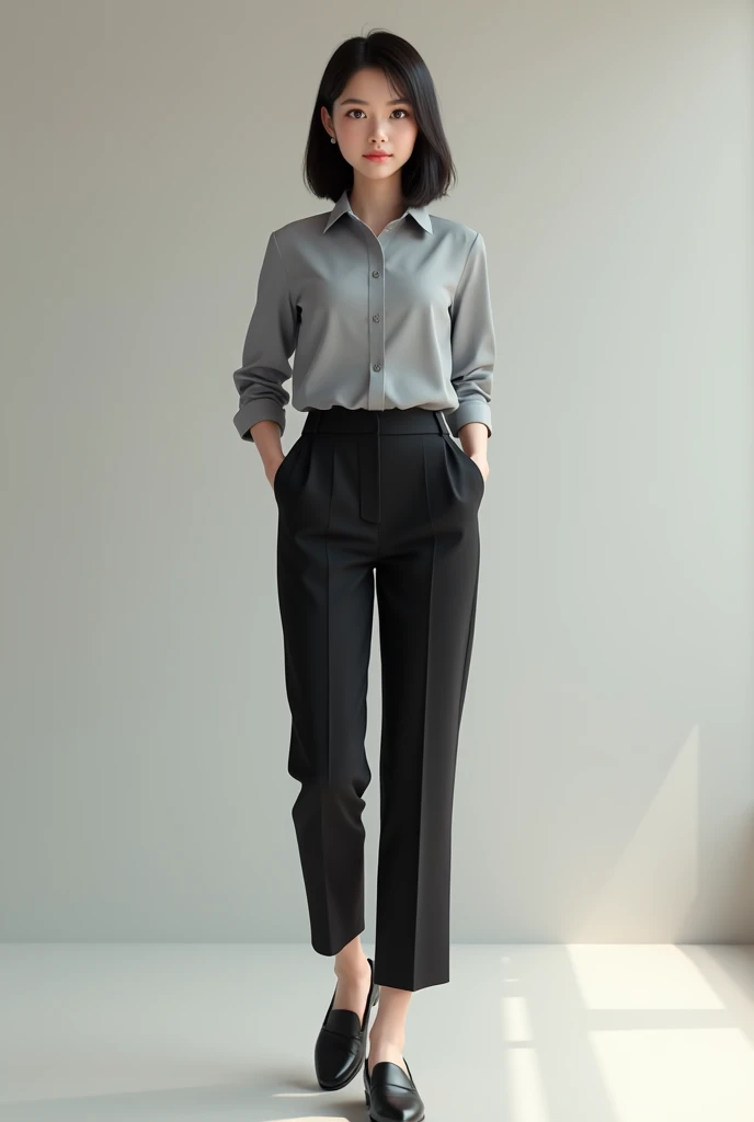 A girl in grey shirt and black pant formals with black shoe 