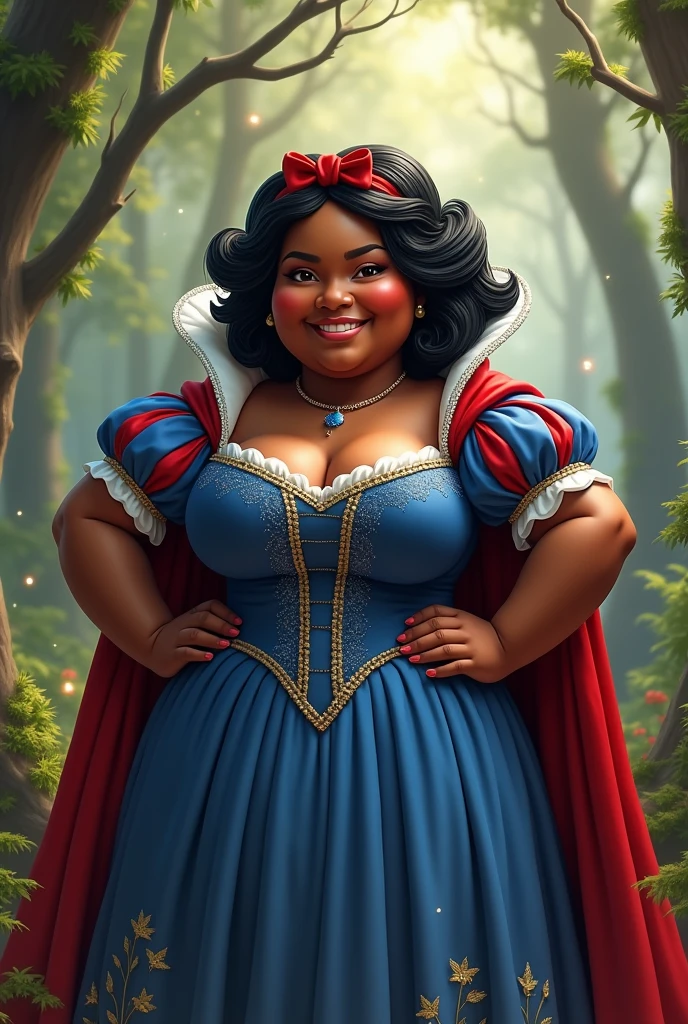 An overweight African American person dressed as Snow White