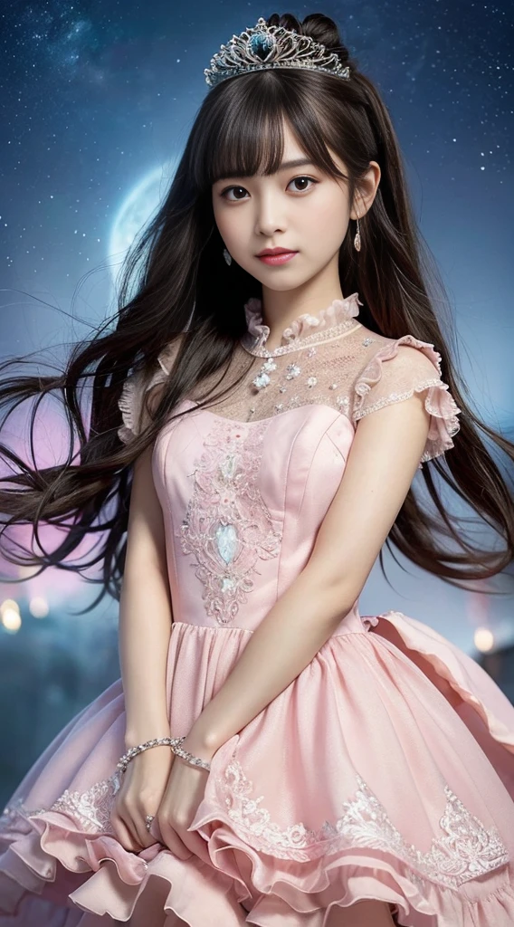 best quality, masterpiece, extremely cute and tender girl, (solo:1.2), (pink detailed princess dress with many frills:1.3), beautiful tender eyes symmetrical, (beautiful and detailed face), (beautiful black hair, topknot), blunt bangs, smile, palace garden
BREAK
“The Princess of the Night Sky” is of a princess who shines like a single star in the dark night. She rules the night sky, and the stars reflect her beauty. Her presence illuminates the silence of the night, bringing a light of hope.