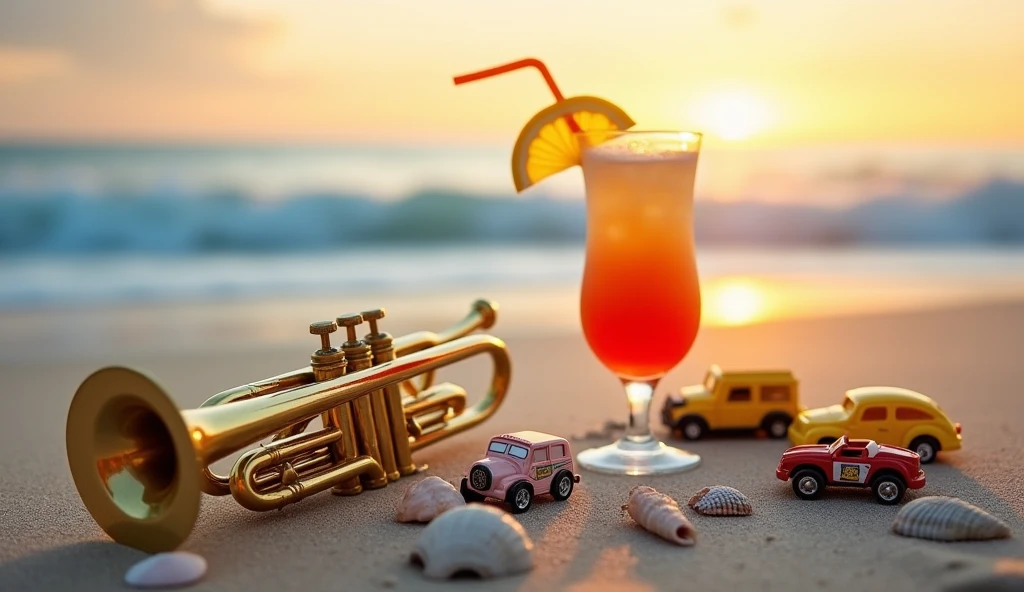 A trumpet instrument lies upside down on the sandy beach.. Pretty seashells and toy cars, A refreshing cocktail with a straw and lemon garnish. There are waves. The sky with sunset.