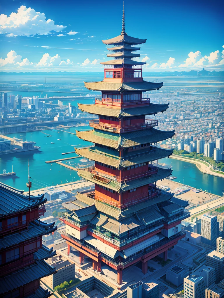 a modern city landscape, japanise anime style. tall buildings. first there is sea water then the city begins. detailed building. no people.