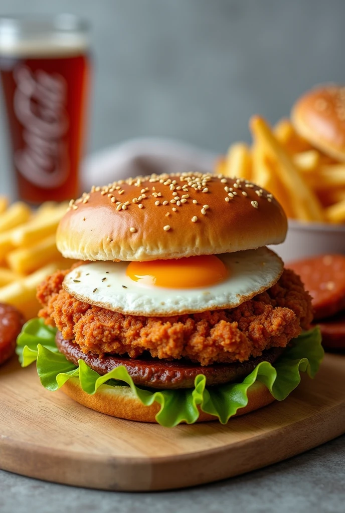 Broaster chicken burger with potatoes and fried egg, lettuce and chorizo
