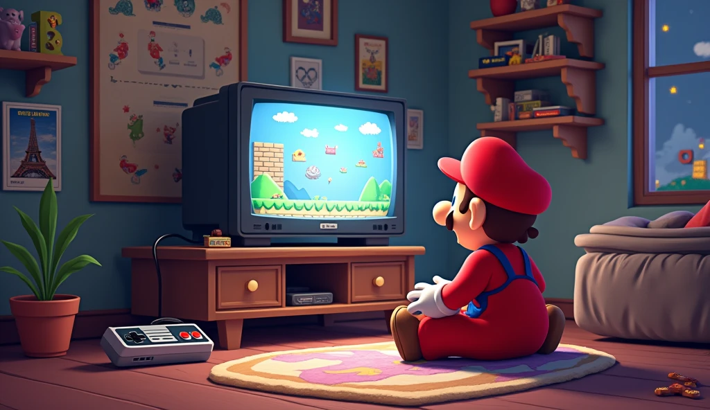 Mario is in his room playing super nintendo