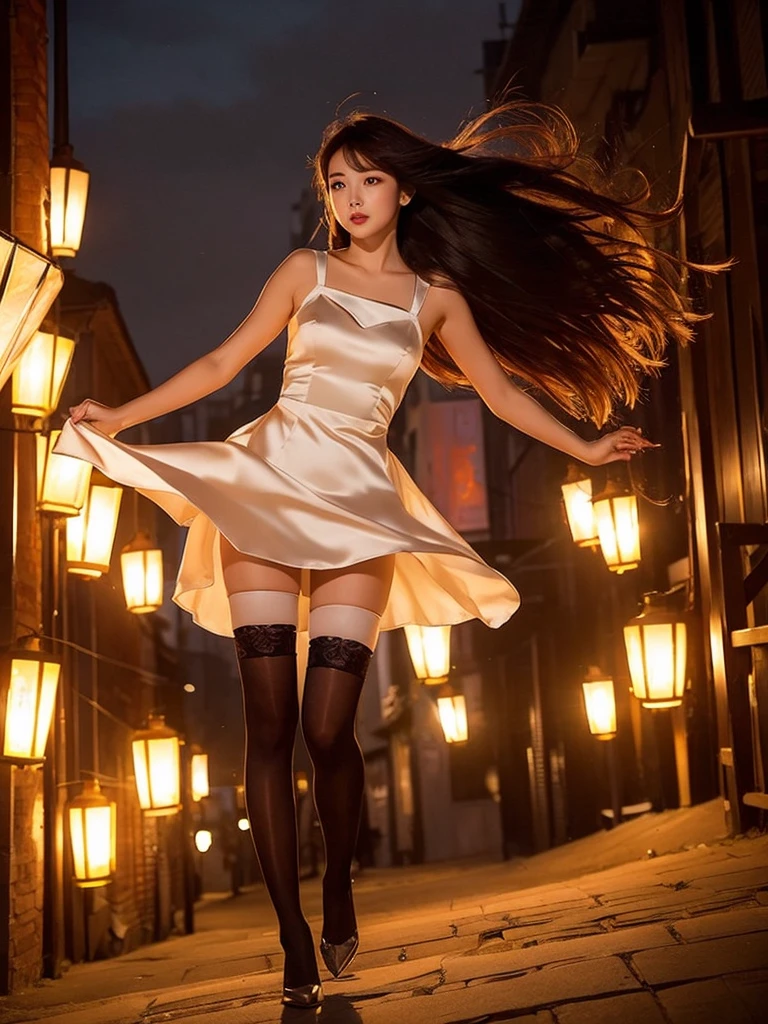 Dress silk open shoulders neckline long with cutout city evening lanterns, wind, beautiful hair stockings