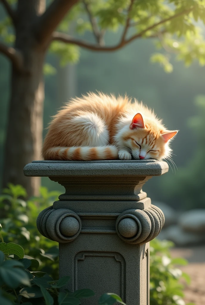 Cat sleeping on a statue