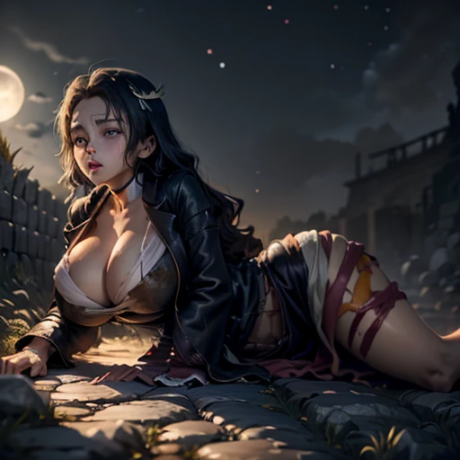 Anime girl with huge tits and slender body lying on stone wall darkness and full moon background landscape photography