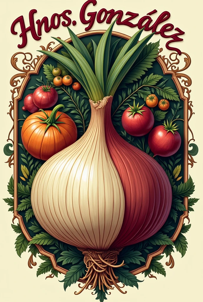 Very elaborate fruit shop logo of onion with the name Hnos. González
