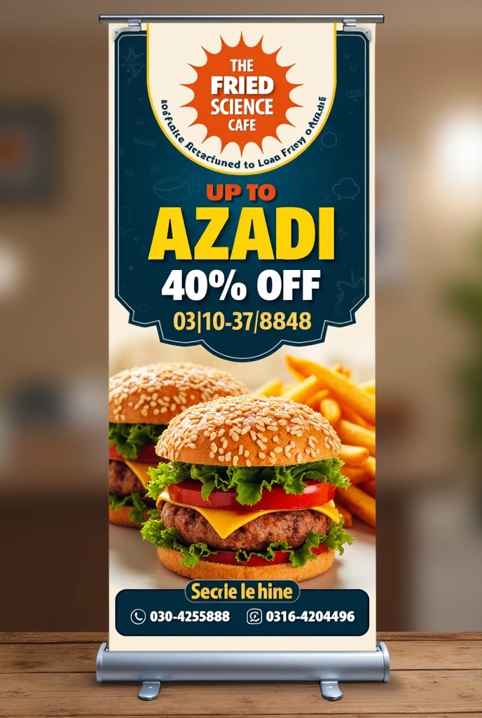 Make an impeccable banner using great initiative making a great syntax Azadi deal upto 40 percent off , tortilla wraps, loaded fries and masala fries also immaculately showing "The Fried Science Cafe" name on the top "The Trustworthy local eatery around" Must add numbers 0330-4255888 and 0316-6420496 make no errors use the above text as it is