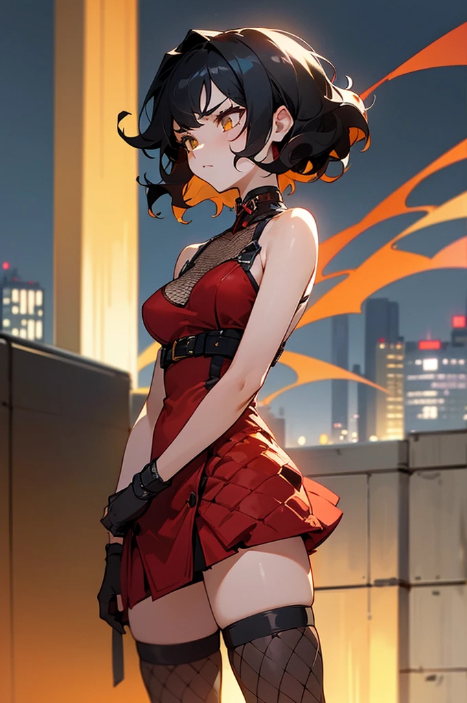 1female , undercut hair , wavy hair ,short hair, black Hair , golden Eyes , lean build , female , Serious Expression , Modern City Background , modern city background, Thigh Highs Fishnets , Red Dress