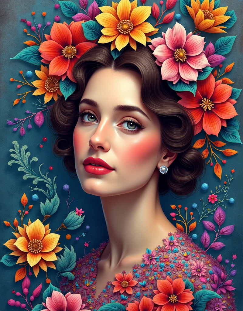 (masterpiece, top quality, best quality, official art, beautiful and aesthetic:1.2), (Maude Adams:1.3), extremely detailed,(fractal art:1.1),(colorful:1.1)(flowers:1.3),highest detailed,(zentangle:1.2), (abstract background:1.3), (shiny skin), (many colors:1.4), ,(earrings), (feathers:1.5),
