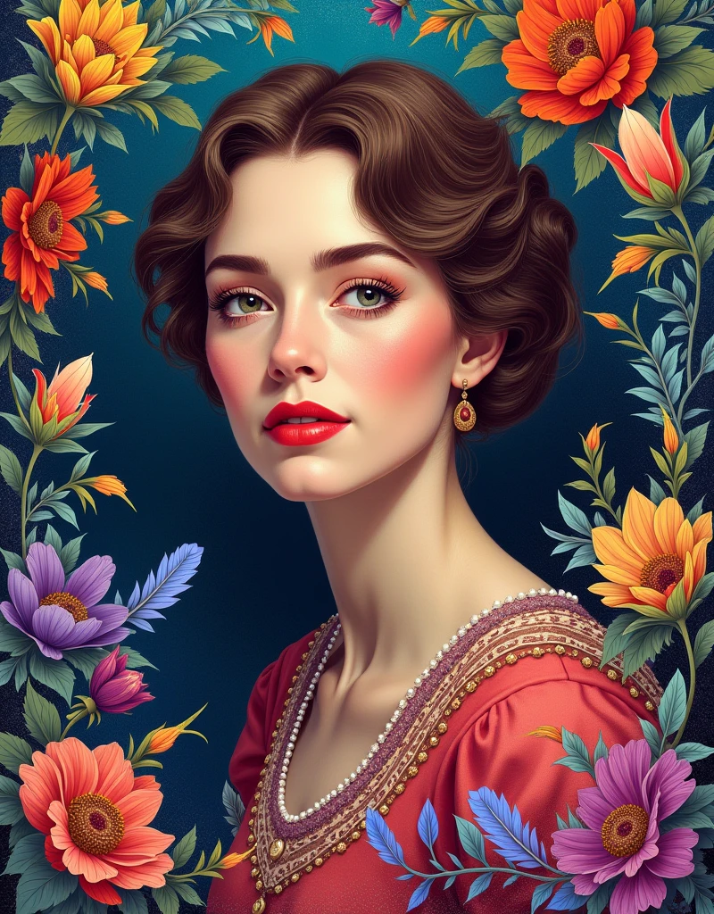 (masterpiece, top quality, best quality, official art, beautiful and aesthetic:1.2), (Maude Adams:1.3), extremely detailed,(fractal art:1.1),(colorful:1.1)(flowers:1.3),highest detailed,(zentangle:1.2), (abstract background:1.3), (shiny skin), (many colors:1.4), ,(earrings), (feathers:1.5),
