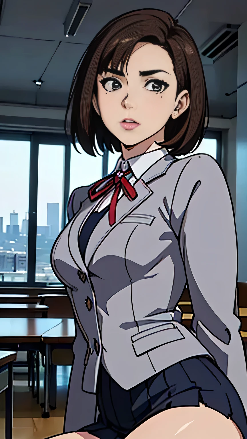 photo of mlp Meowko, RAW, beautiful woman, ((portrait)), ((detailed face:1.2)), ((anime face, anime facial feature, beautiful anime mouth, clear skin, clear skin), (short messy lesbian haircut, one shaved side, brunette: 1.55), (perfect proportioned body, Strong, muscular, narrow waist, narrow hips, skinny, large breasts), (She wears Businesswoman style clothes, grey blazer, ribbon, socks, high school uniform: 1.2), high school classroom, overlooking the city, (realistic photo, best quality, detailed), (8k wallpaper), (cinematic lighting, beautiful light, (day:1.3)) (sharp focus, intricate)
