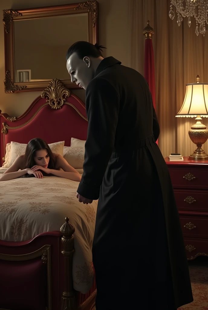 Blair Waldorf hiding from Ghostface, who has a knife, behind a bed in a room from a fancy motel. He's looking for her in the room but he does not realize she is behind the bed.