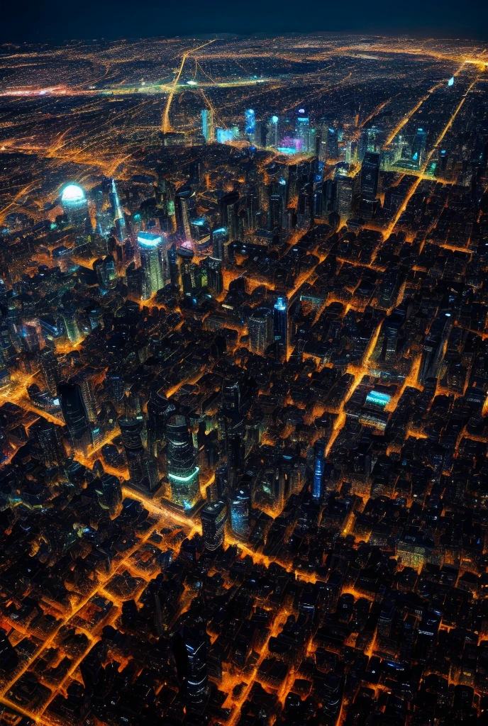 A picture from the sky of a city having many buildings and lights