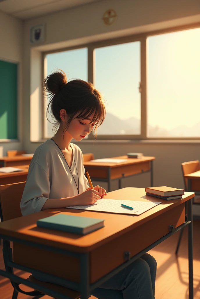 A thin young woman, beautiful, with western features, (Non-Asian), hair made into a messy bun, She is sitting doing homework in an empty classroom, with the afternoon sun giving light