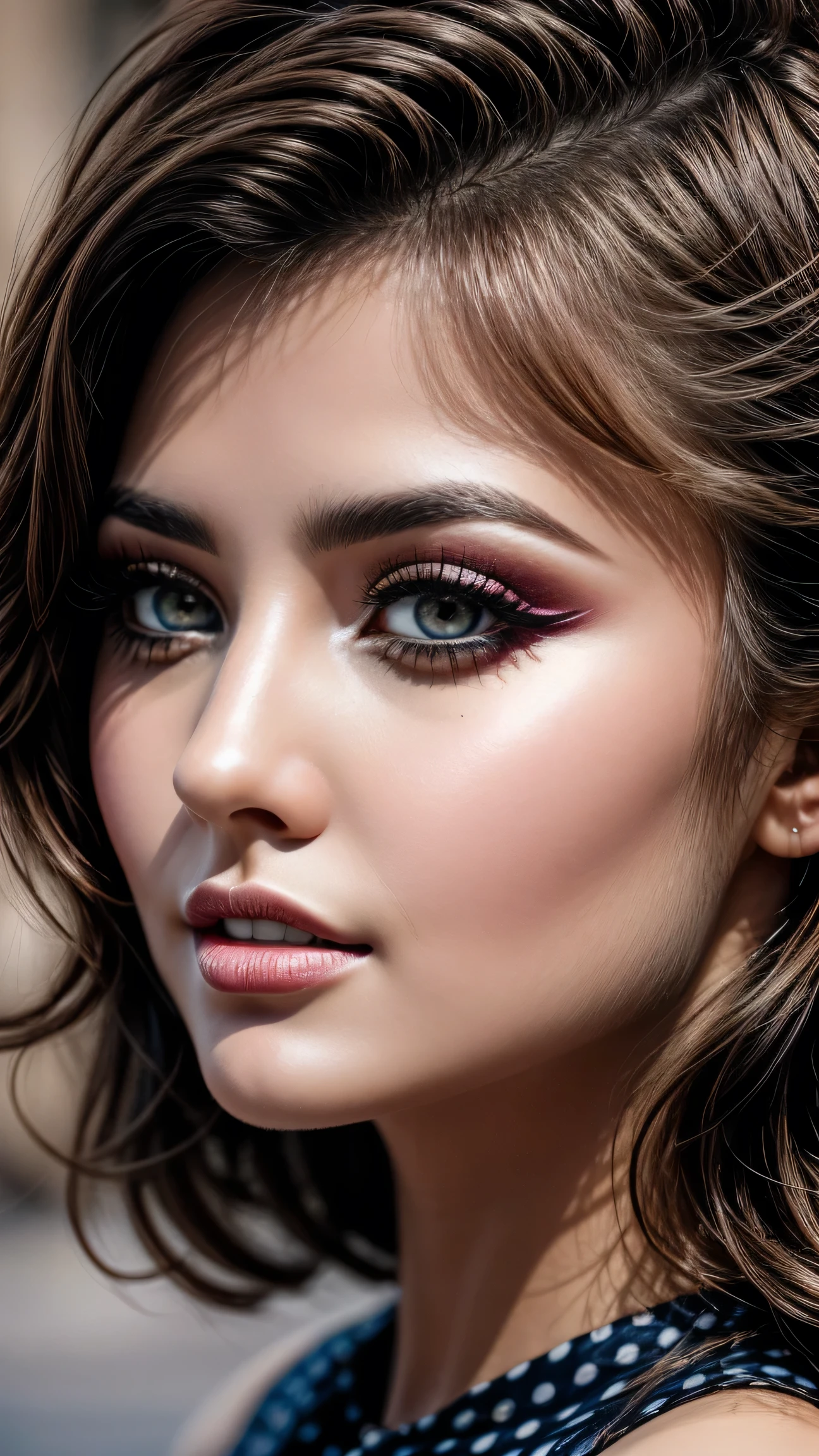 ((ultra high resolution)), ((photorealism 16K realism)), ((Hyper-realistic proportional body, anatomically correct:1.3)), ((ultra-fine digital art)), (intricately detailed beautiful face), (light pale complexion), BREAK, ((small round head)), (high detailed Super beautiful slim and sharp-face), (best highest detailed realistic black_eyes:1.2), (super realistic sharp-eyes:1.2), (tired and sleepy and satisfied:0.0), perfect round eyes, finely detailed pupils,BREAK,detailed lips:1.3,pink_makeup:1.22, long blue_eyeliner, red_lipstick:1.21 ,(perfect light_eyeshadows:1.25), (super detailed professional makeup on eyes:1.3), (Detailed nose:1.2), (Clad in a retro polka-dot dress with a cinched waist and pearl accessories, complemented by a classic updo), (Amidst a quaint town square, with cobblestone streets lined with charming boutiques and antique shops, where time seems to stand still:1.3), (seductive:1.3),(analog, cinematic, hazy atmosphere, cinematic shot:1.3), (sexy,seductive:1.2),