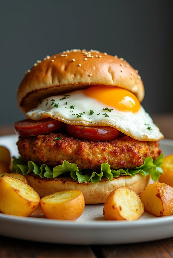 Broaster chicken burger with potatoes and fried egg, lettuce and chorizo