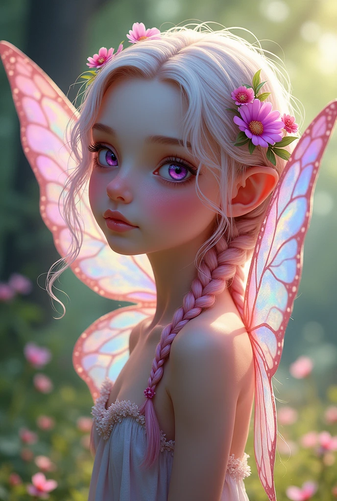 Fairy girl with pink and white hair in braids with iridescent butterfly wings. Purple eyes and flowers braided into her hair