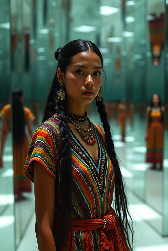 Indigenous woman from Bolivia with braids in a room of mirrors