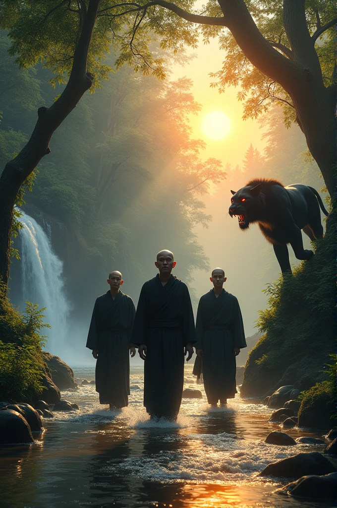 A realistic 3 buddhist monks black clothed walking in water flowing beautiful forest location , left side one small waterfall , and morning sunrise time birds are flying 1 black panther red eyed and 1 lion with roaring and