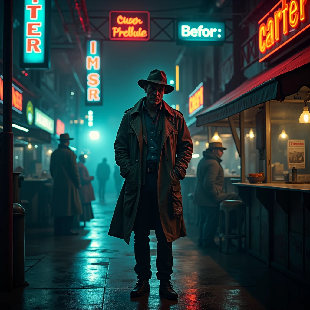 In a dimly lit corner of a bustling spaceport, a weathered private detective stands against a backdrop of flickering neon signs and smoky, industrial haze. This captivating lomographic photograph depicts a retro-futuristic noir-inspired scene, capturing the essence of intergalactic travel. The main subject, the detective, wears a worn trench coat replete with patches, revealing countless adventures. His eyes, veiled under a tilted fedora, hold a glimmer of sharp intuition, etched with wisdom. The grainy texture and muted colors enhance the nostalgic ambiance, transporting viewers to a forgotten era of mystery and exploration. This high-quality image masterfully balances vintage aesthetics and futuristic themes, inviting observers into a captivating cosmic tale.