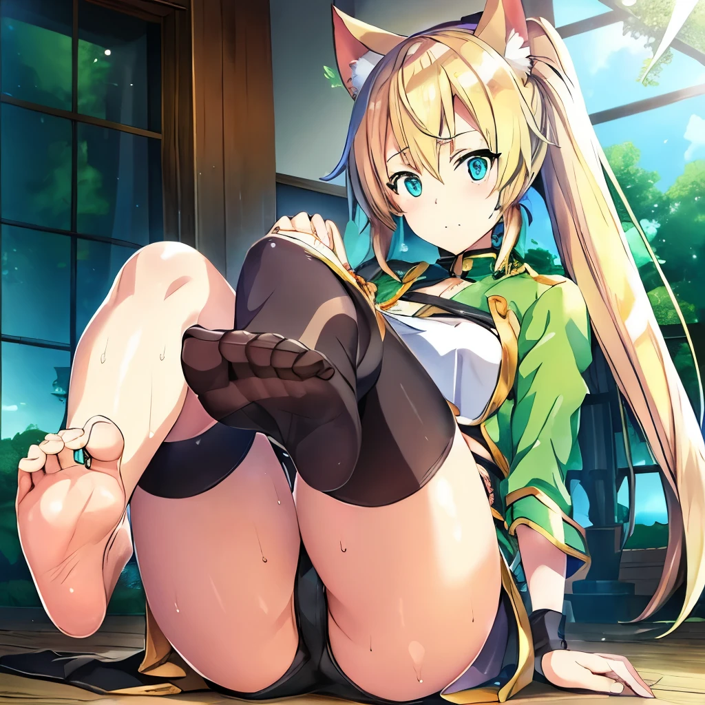 (masutepiece:1.1), (high resolusion:1.2), (Illustration:1.05), (ultra detailed 8k art:1.05), (finely detailed beautiful eye), Perfect face, Bright pupils, Lustrous skin, hayami_Sena ,Green eyes, , Sinon, Black_Belt bag, Green_Capelet, Green_Jacket, white_Shorts,, Long sleeves, fullllbody, blushed, Looking at Viewer, sole, Barefoot soles、poneyTail、Smelly、5 toes、Sole Focus、Open your toes、Bare legged、bare-legged、Brown hair、Sena Hayami、Stuffiness on the soles of the feet、Sweaty feet, Close-up of the soles of the feet,Exposing the soles of the feet