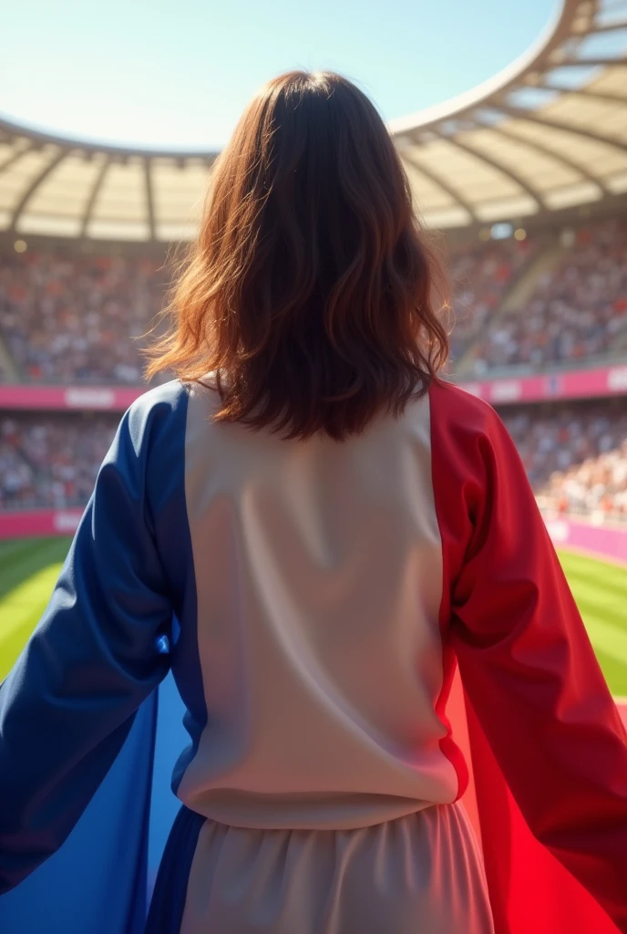 Une image realiste , d'une jeune femme brune cheveux mi long , positionnée de dos et portant un drapeau de lequipe de France pour les JO a Paris.
Je veux une ambiance festive et une belle lumiere.
Je veux que la jeune femme soit de dos portant son drapeaux sur les epaules , dans un stade de Jo.
Ajoute des elements qui font penser aux JO ... fais legerement flotter le drapeau au vent . La jeune femme a les cheveux mi long weavy