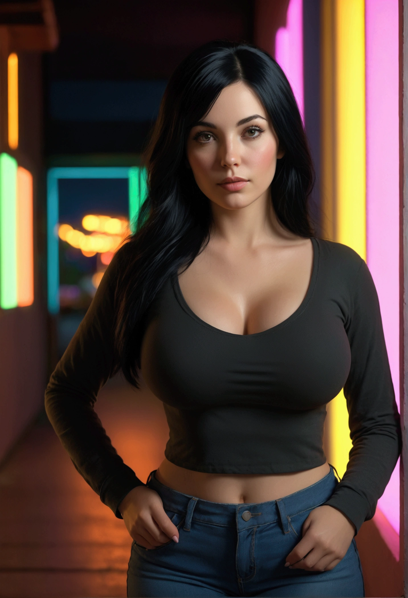 woman, black hair, casual clothing, large bust, wide hips, looking at the camera, phosphorescent lights in the background, photorealistic