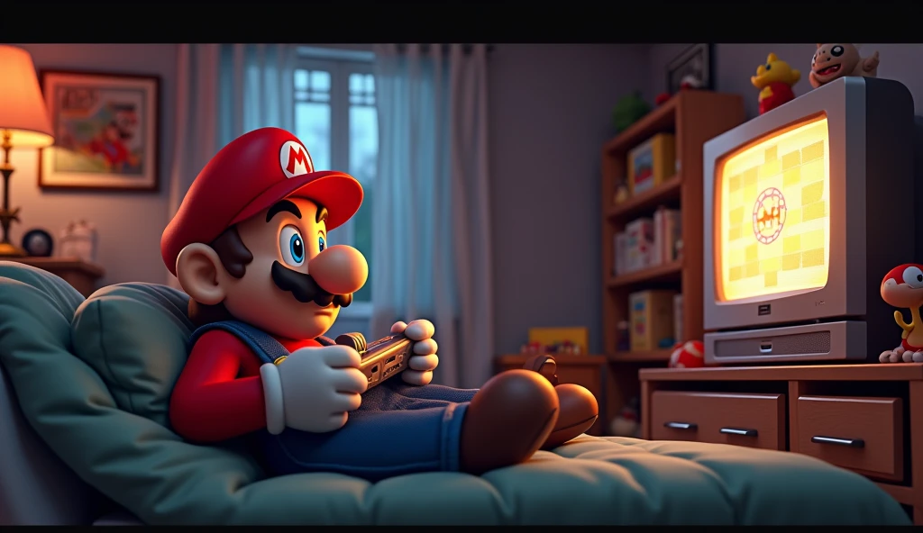 Mario is in his room playing super nintendo
