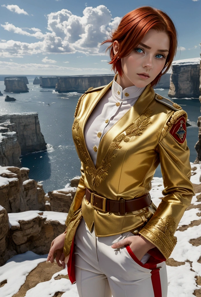 (highest resolution, distinct_Image) great, masterpiece, High detail, semi-realist, disgraced 2, a beautiful woman, Alone, normal and attractive posture, short red hair, gold eyes, indifferent expression, 18 years, young, tall and strong , white and red military uniform, pants, pants militares, military boots, military uniform, military school, safe, Serious, very cold and proud, standing on a cliff, with a view to