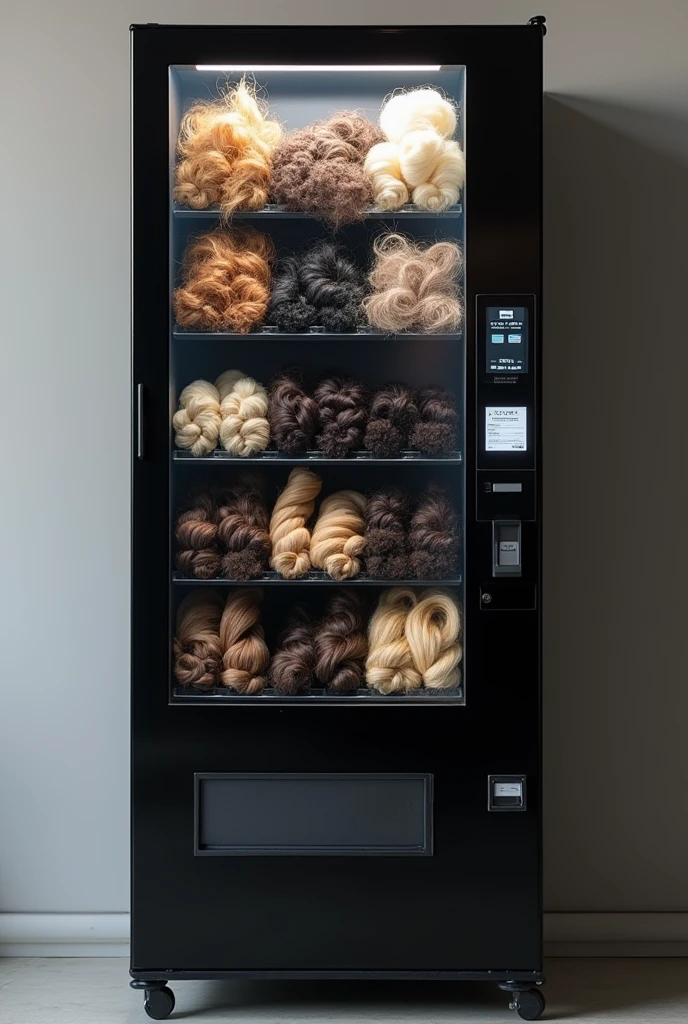 realistic black vending machine but inside of the vending machine there will be hair bundles instead of food on a plain background