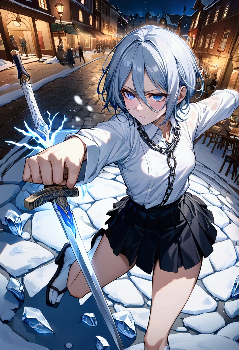 ((Highest quality)),((Very detailed)),((He has two swords attached to a chain.,Pale-white shining sword,Two-Way)), ((Town square at night,)), ((Blue mesh on hair)),masterpiece, Detailed face,Beautiful Face, Top view, (Fighting), ((ice,snow)),(Long-legged white shirt,Short black skirt,White socks,geta)One girl,((Blue Eyes,Dynamic pose,A slightly fluffy shirt)) , Rukia, Gray Hair, short hair, Hair between the eyes, Purple eyes, Small breasts,cold