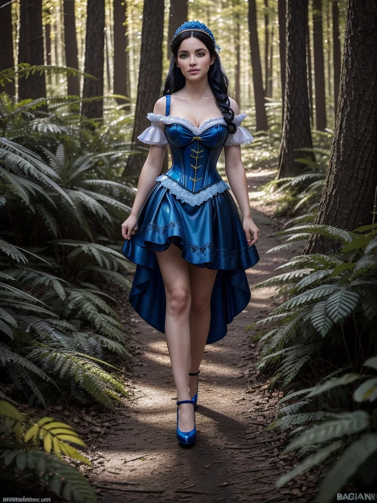 Snow White disney princess in wonderland forest background, walking in wonderful forest with fawn, showing open vagina pussy, Craft an image of a woman with luminescent blue eyes and black hair, clide in a blue-yellow leather bdsm style corset, snow white dress style, Red bow on the hair, silk stockings with support, with open sheved pussy, steampunk, rich in detail and frills, The setting is ethereal, with a backdrop fantasy forest with flowers and butterfles, that accentuates the ornate outfit. Ensure ultra-high-detail, photorealism, and crystal clear 32k resolution for a true masterpiece. 🎀👗✨💎, bmbplora, cutout, clothing, nipples, skirtlift,