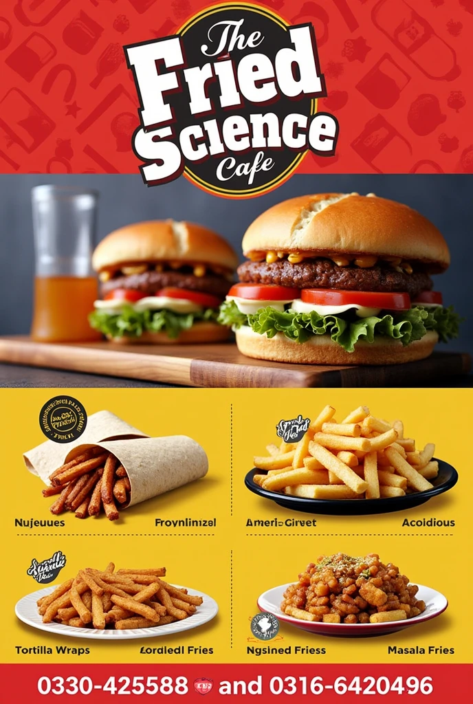 Make an impeccable banner using great initiative making a great syntax Azadi deal upto 40 percent off , tortilla wraps, loaded fries and masala fries also immaculately showing "The Fried Science Cafe" name on the top "The Trustworthy local eatery around" Must add numbers 0330-4255888 and 0316-6420496 make no errors use the above text as it is. Number is missing????