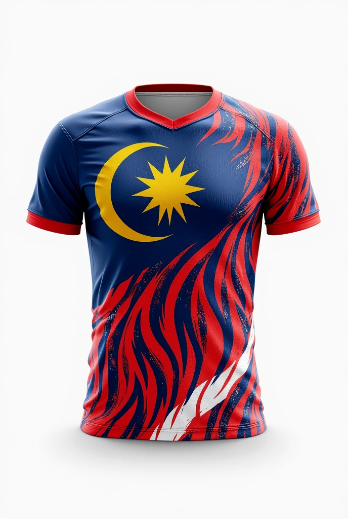Generate jersey with Malaysia flag and tigress stripes concept on it. Use white colour as the background. Add some batik design at the stripes. Colouring the stripes with red, blue and yellow colour