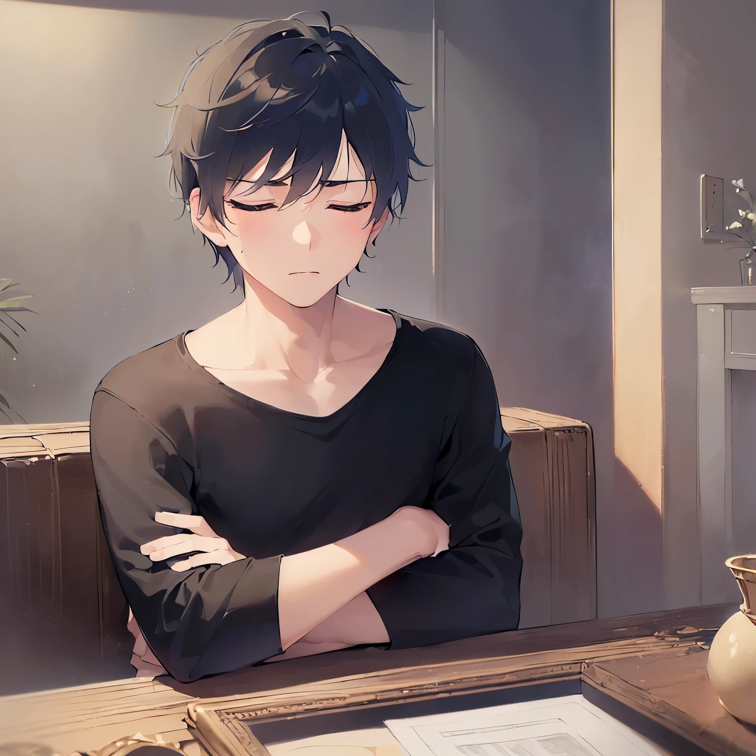 (looking away:1.5),upper body,Side shot、(closed-eyes:1.5),Arms crossed、
shiny skin, masterpiece、Highest quality、
(25-year-old male:1.5) and (Black short hair) and (blue eyes), 
Black long sleeve T-shirt serious,blush,The background is the living room at night,(alone:1.5)