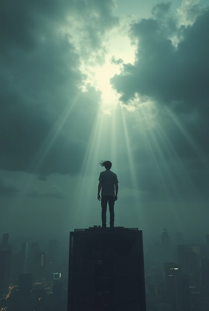 A stormy sky over a modern city, with rays of light passing through the clouds, focusing on a person standing alone on top of a building, symbolizing the internal struggle that shakes beliefs and the confrontation with the truth.