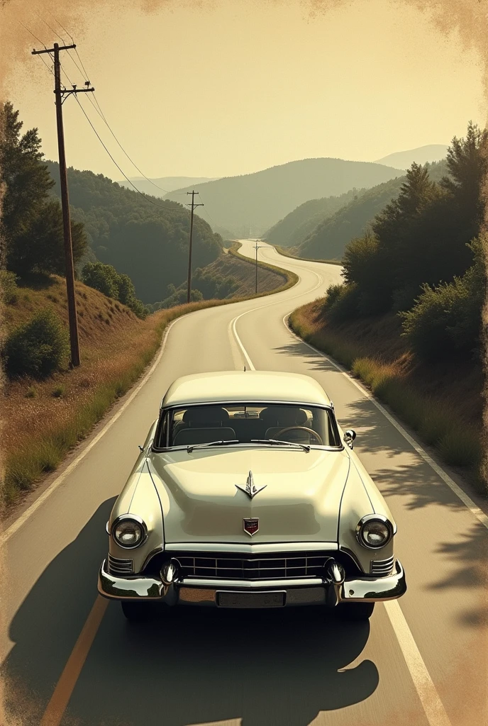 can you create a vintage-like image of a vintage car driving on a long horizontal curvy road? it doesn't have to be too detailed. i need it for my vintage themed brochure. The angle has to be horizontal, too. the image needs to be in landscape form.