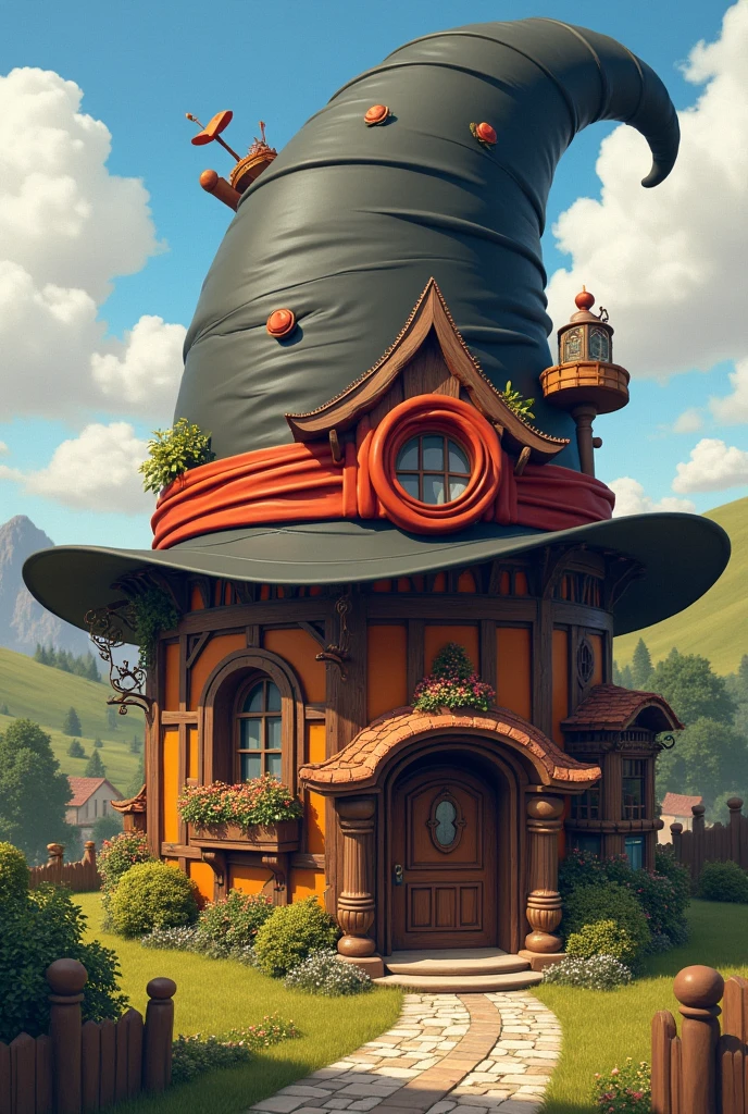 A very nice hat-shaped house, as if it were a hat workshop and make it realistic as if it really existed in real life. Use warm and striking colors