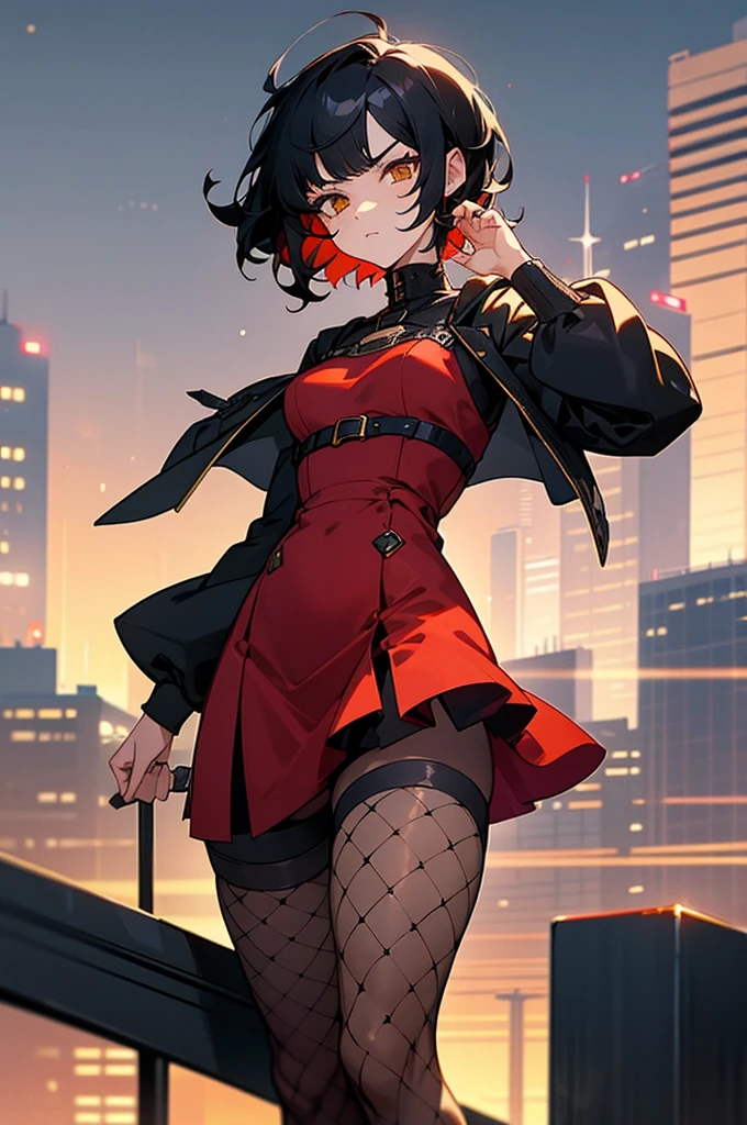 1female , undercut hair , wavy hair ,short hair, black Hair , golden Eyes , lean build ,teen female , Serious Expression , Modern City Background , modern city background, Thigh Highs Fishnets , Red Dress