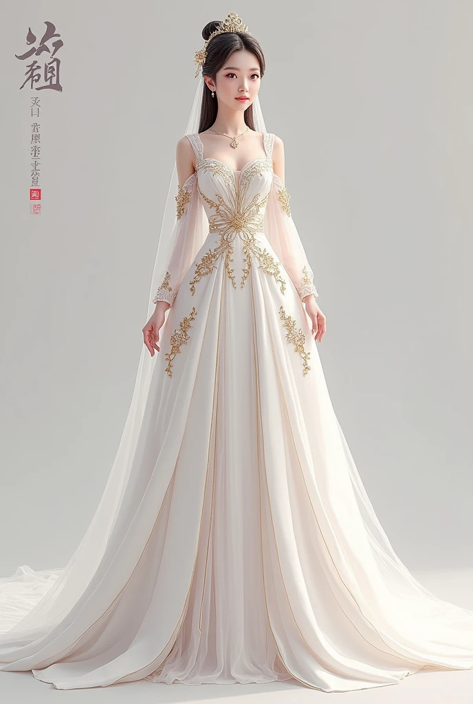 

### **Refined Wedding Dress Design for Keqing:**

**1. **Silhouette and Structure:**
   - **Silhouette:** A classic A-line gown with a fitted bodice and a full, flowing skirt. This silhouette is timeless and elegant.
   - **Train:** A cathedral-length train for a dramatic effect, adding a touch of grandeur.

**2. **Color Palette:**
   - **Primary Color:** Pure white as the base of the gown for a classic and elegant look.
   - **Accent Colors:** Amethyst and gold for details and embellishments.

**3. **Fabric and Texture:**
   - **Base Fabric:** Use luxurious silk satin or taffeta for a smooth and polished finish.
   - **Overlay:** Incorporate layers of delicate white lace or organza for added texture.
   - **Embellishments:** Amethyst and gold thread embroidery or beading to add subtle yet sophisticated sparkle.

**4. **Design Elements:**
   - **Neckline:** A classic sweetheart neckline or high neckline with a sheer lace overlay. Consider a gold-embroidered lace trim for a regal touch.
   - **Sleeves:** Long, sheer lace sleeves with amethyst and gold detailing or opt for off-shoulder sleeves with a delicate gold accent.
   - **Bodice:** Embellish with intricate amethyst beading or embroidery, possibly in a floral or geometric pattern to enhance the elegance.

**5. **Accessories:**
   - **Headpiece:** A gold tiara or hairpin with amethyst accents, reflecting Keqing’s refined and regal nature.
   - **Veil:** A white veil with gold embroidery along the edges and subtle amethyst accents to tie the look together.

**6. **Additional Touches:**
   - **Belt or Sash:** A gold belt or sash at the waist with amethyst gemstones or embroidery to cinch the gown and add a touch of sophistication.
   - **Lining:** Consider a subtle amethyst lining for the inner layers of the skirt that hints at the color when the gown moves.

