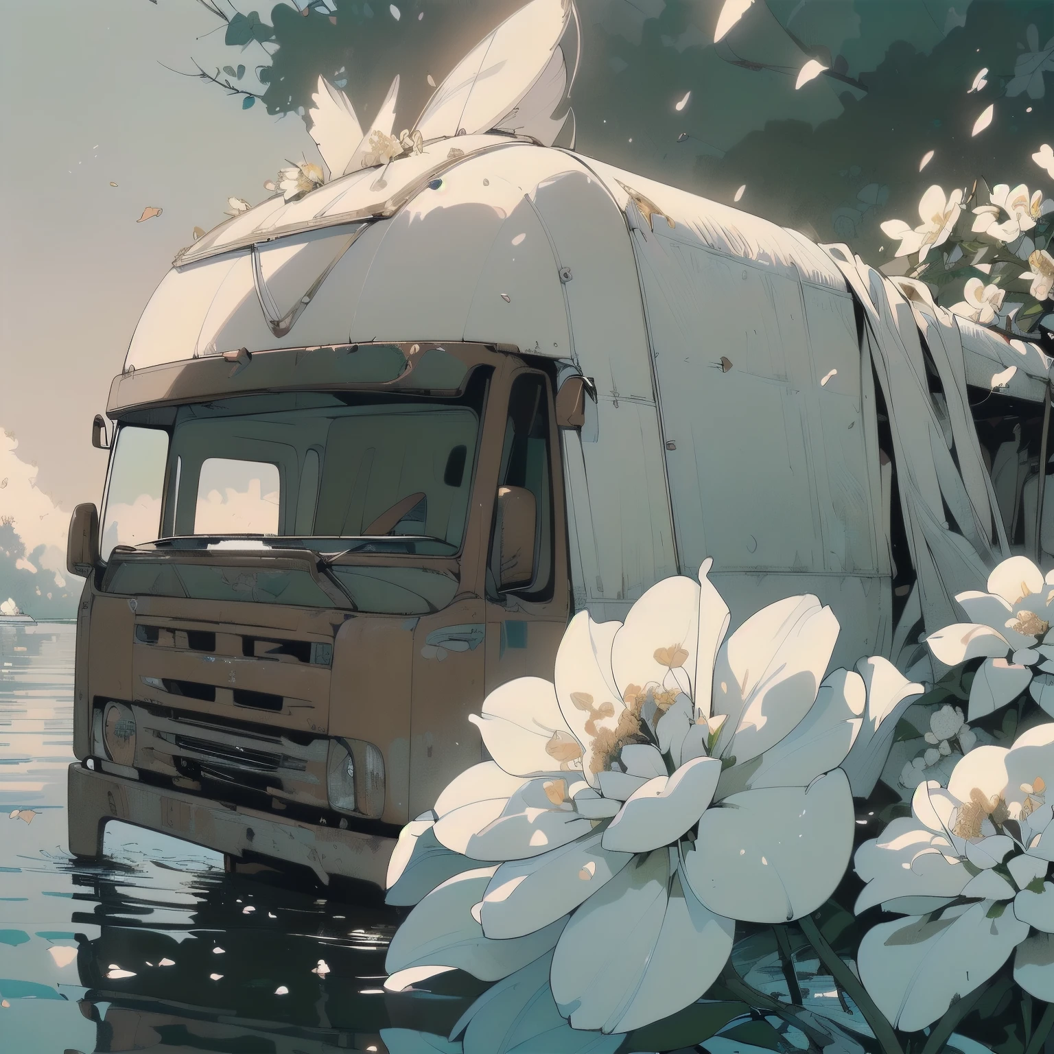 (((Masterpiece, top quality))), (((32K wallpaper))), ultra high resolution, (((close-up))), gorgeous light leak, (((backlit))), highly detailed background, top quality, (((no humans))), highly transparent river, (((extremely detailed rusty heavy truck with many white flowers)),  (((( very dull color )))), (((( white flowers in the water))), (((White petals fly)))