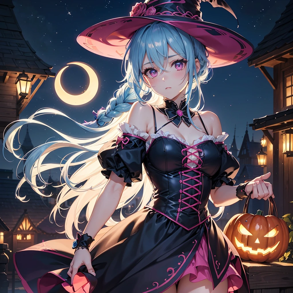 (Sky Blue Hair),(Braided medium hair), (Pink Eyes),Fair skin) ,(whole body),(One Girl),(Crescent Moon),(There are many pumpkin ghosts in the background),(If you don't give me sweets, I'll be mischievous.),Halloween Night Party),(masterpiece, Highest quality, Very detailed, Best Shadow), (Detailed Background), (Beautifully detailed face), High Contrast, (Best lighting, Very delicate and beautiful), ((Cinematic Light)), Hyper Detail,8k, Dramatic Light, Intricate details,Witch's Clothes,Magic broom,night,Flying bats in the sky,